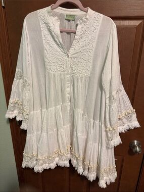 Boho White Tiered Pom-Pom Tunic - Dress - Swim Cover - Italian - Antica Sartoria
